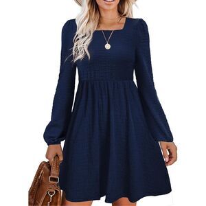 NEW Blue Babydoll Square Neck Flowy Swing Shirring Mini Dress S